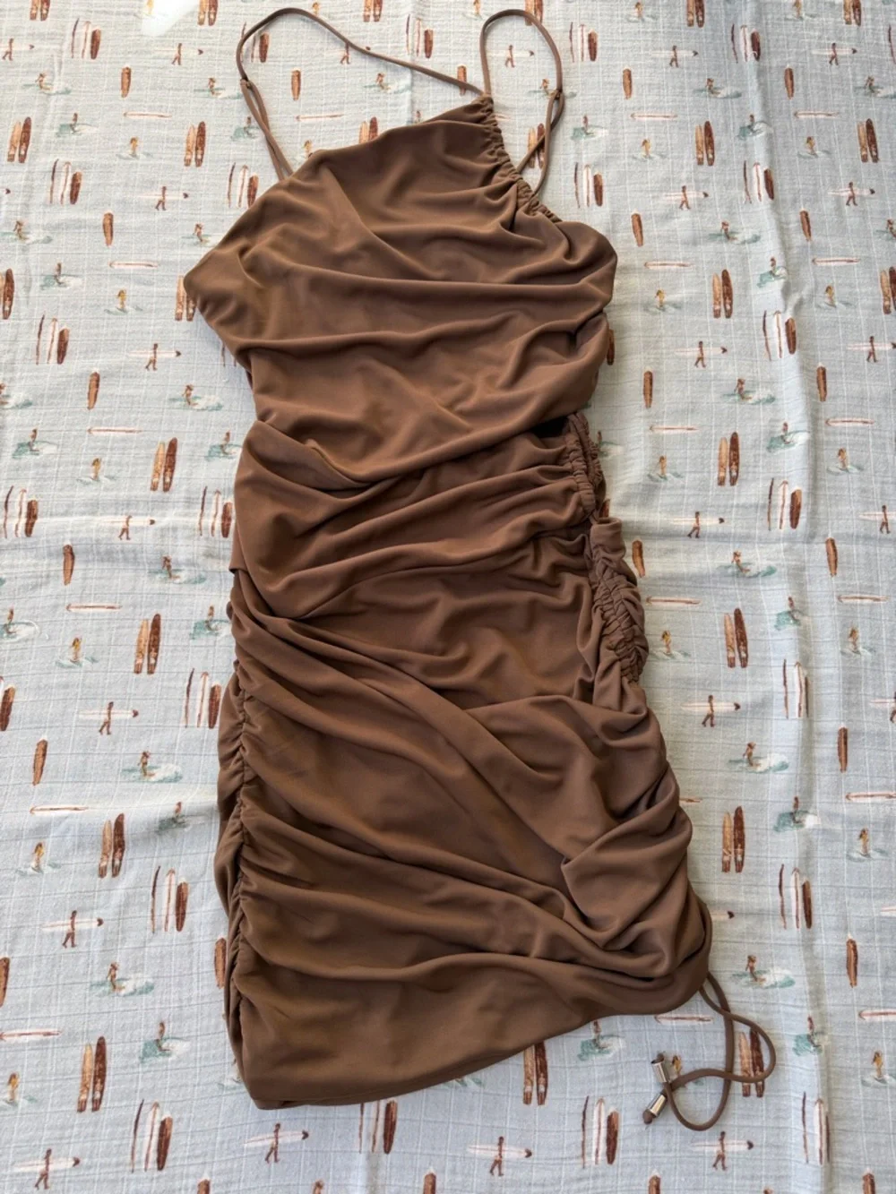 zara ruched brown dress Zara Brown Long Sleeve Puff Sleeve ruched Body con Dress Size S